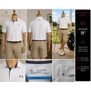 Under Armour Polo Shirt Mens 2XL White  Loose Fit Golf HeatGear Short Sleeve